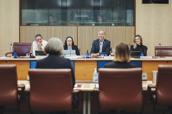 The Senate Select Committee on Supermarket Prices questions Coles chief executive Leah Weckert (front left) in April.