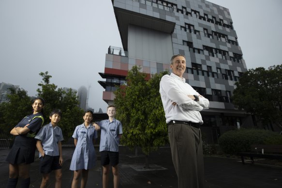 South Melbourne Primary School principal Noel Creece and students (from left) Shanaya, Josh, Vivian and George.