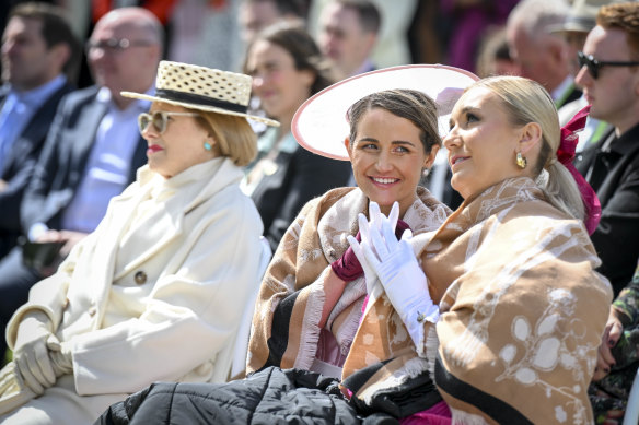 Gai Waterhouse, Michelle Payne and Ariarne Titmus at the Melbourne Cup carnival launch. 