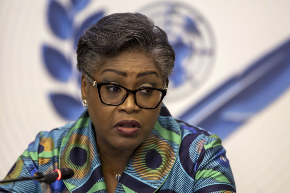 Prime Minister of the Democratic Republic of Congo Judith Suminwa talks to journalists at a press conference in Geneva.