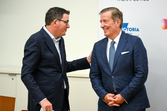 Canadian businessman Geoffrey Cumming, right, with Victorian Premier Daniel Andrews.