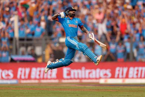 Virat Kohli of India celebrates after scoring a century, overtaking Sachin Tendulkar for the all time most ODI centuries.