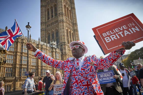 A Brexit supporter outside the Houses of Parliament in 2019.