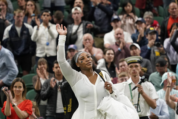 Serena Williams acknowledges the crowd after being defeated by France’s Harmony Tan in the first round at this year’s Wimbledon championships.