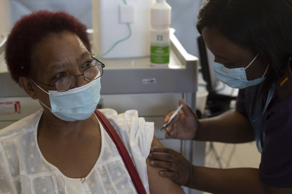 Maggie Sedidi, a 59-year-old nurse at Soweto’s Chris Hani Baragwanath hospital, receives the Johnson & Johnson COVID-19 vaccine last week.