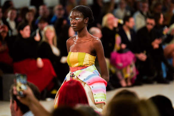 A model wears a design by Matthew Lewis at Melbourne Fashion Week.