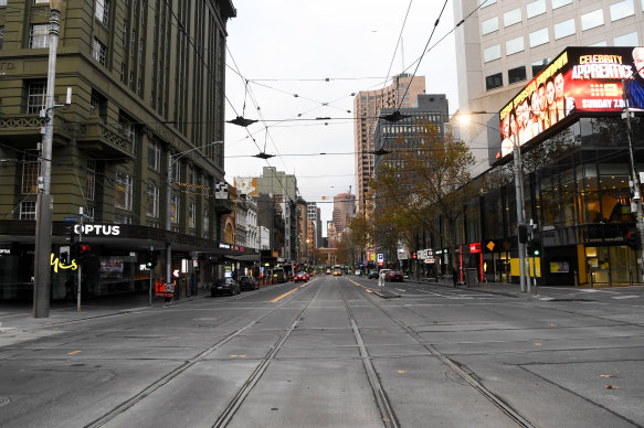 Melbourne’s Swanston Street on the first day of the city’s fourth lockdown. 
