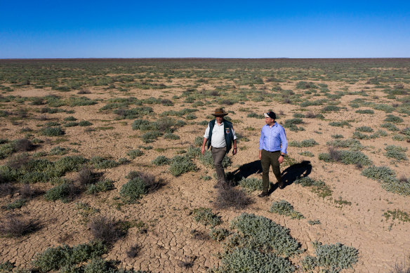 NSW Environment Minister, Matt Kean (right), and Jaymie Norris from the NSW National Parks and Wildlife Service, on Narriearra in far north-west NSW.