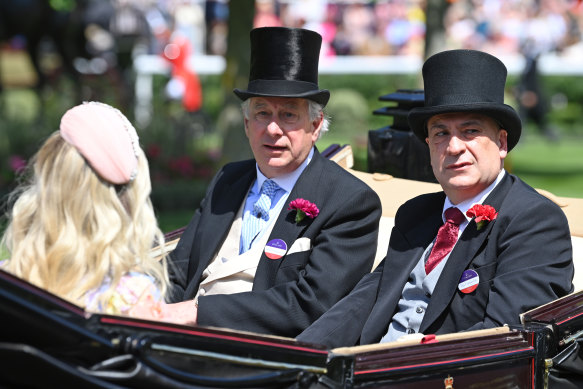 Peter V’landys, right, is presented to the Royal Ascot crowd alongside David Bowes-Lyon, whose father was the Queen Mother’s cousin once removed.