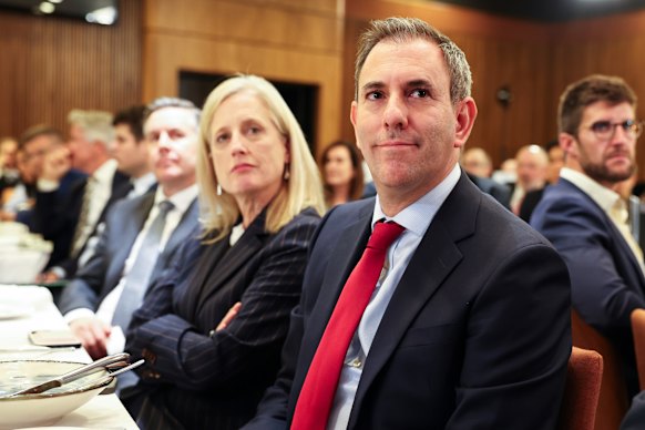 Finance Minister Katy Gallagher and Treasurer Jim Chalmers watch the PM speak on Wednesday.