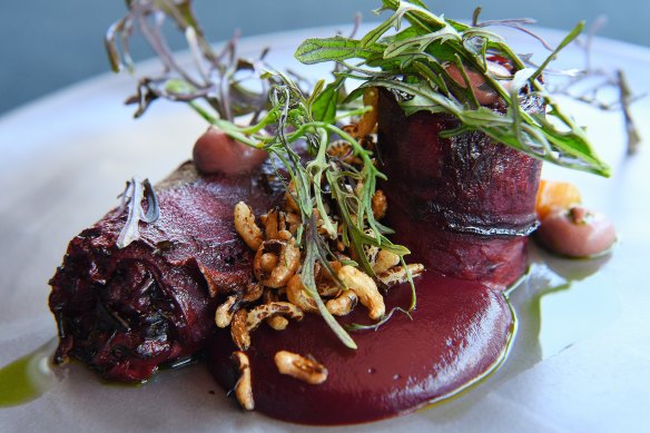 Roasted beetroot with black rice, purple mustard and dill.