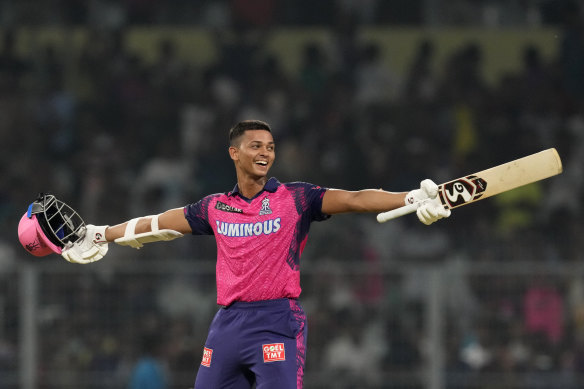 Record-breaker Yashasvi Jaiswal celebrates after the winning runs for Rajasthan Royals.