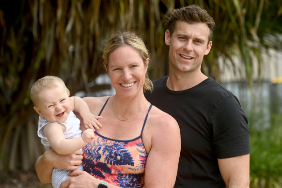 Emily Seebohm with her partner Ryan and son Sampson. 