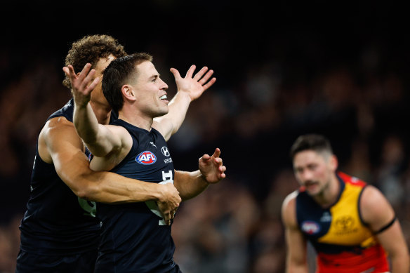 Matt Owies celebrates a goal.