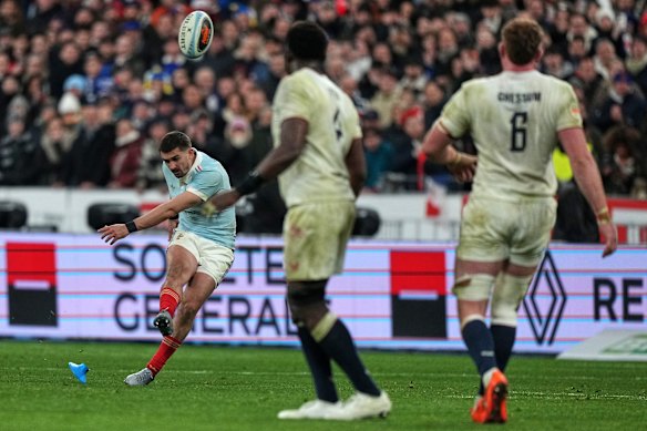 Thomas Ramos of France kicks the winning penalty during the Six Nations rugby union match between France and England