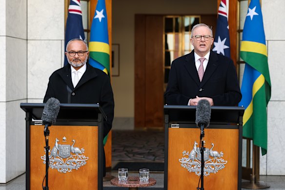 Wale and Albanese during a joint press conference at Parliament House in Canberra today.