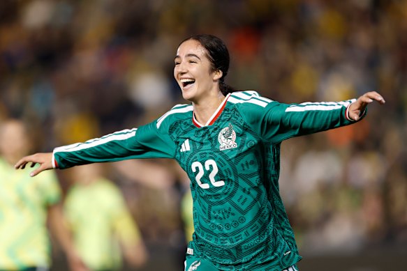 Diana Ordonez celebrates her stoppage-time winner against the Matildas on Saturday night.