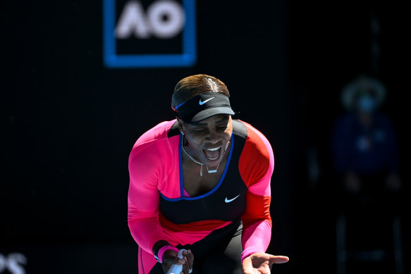 Serena Williams shows her frustration during her semi-final loss to Naomi Osaka on Thursday.