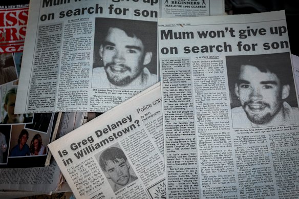 Newspaper clippings kept by the Delaney family about Greg’s disappearance.