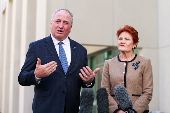 One Nation leader Pauline Hanson and treasury spokesman Barnaby Joyce hold their press conference in Canberra on Monday.