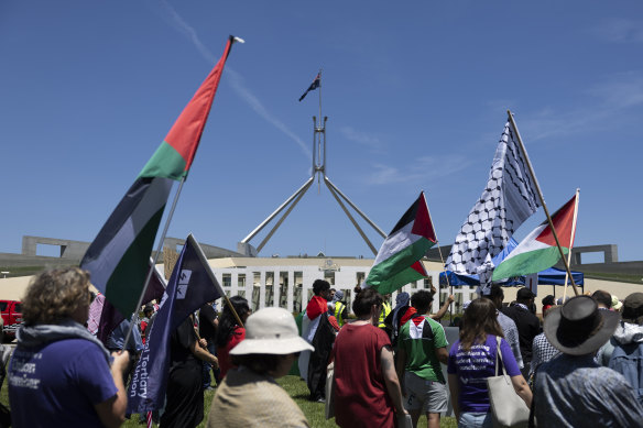 Pro-Palestine rally at the front of Parliament House in Canberra.