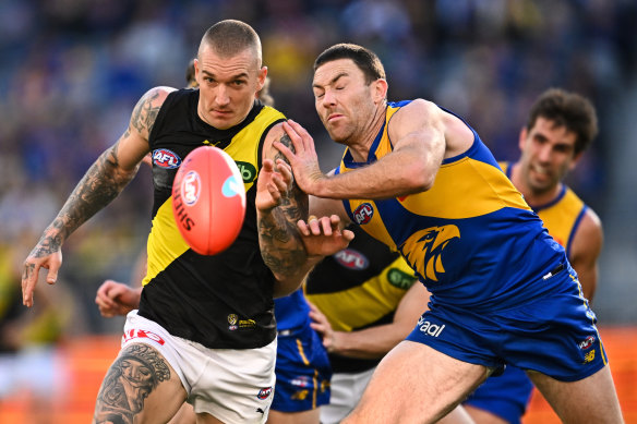 Dustin Martin might be under the scrutiny of the match review officer after the game against West Coast on Sunday. 