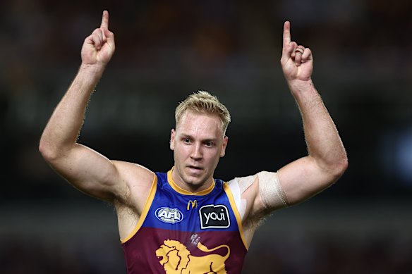 Oscar Allen celebrates a goal.