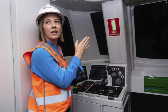 Transport Minister Jo Haylen takes a trip on the new metro rail line beneath the heart of Sydney’s CBD on Wednesday.