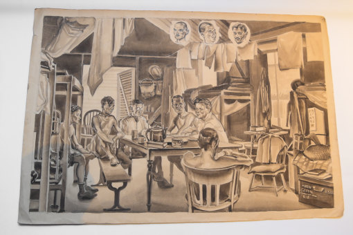 Changi bunk house depicts POW friends gathering in Murray Griffin’s quarters in Singapore. Griffin’s head is at the top of the piece, on the right. 