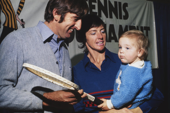 Margaret Court with husband Barry and son Daniel in 1973.
