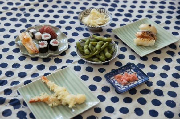 Japanese from Akira Sushi, on a table cloth by Sally Campbell Textiles.