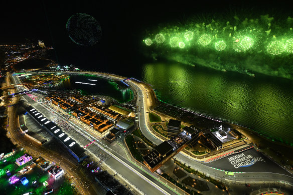 Fireworks explode after Sergio Perez wins the Grand Prix of Saudi Arabia in Jeddah in March.