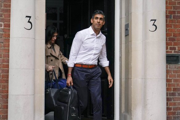 Conservative Party leadership candidate Rishi Sunak leaves his campaign office in London on Sunday.