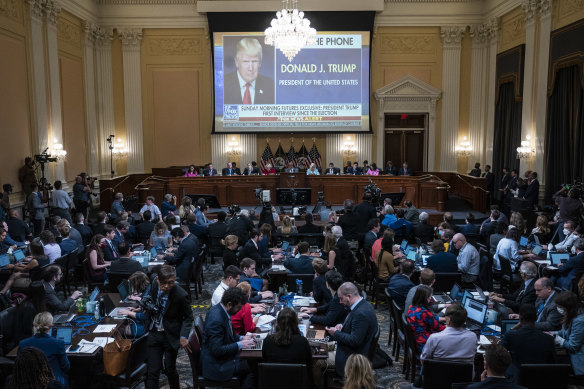 A Fox News video of former US president Donald Trump displayed on a screen during a hearing of the January 6 committee.