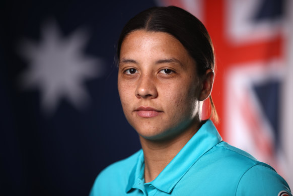 Sam Kerr poses during a Matildas portrait session ahead of the Women’s World Cup in 2023.