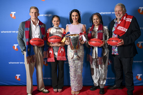 Katy Perry (centre) with fellow grand final entertainers Cody Simpson, Zipporah Corser-Anu, Christine Anu and Mike Brady.