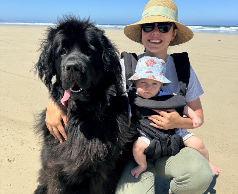 Ellen Milankovic with her baby son, Freddie, and Dotty, their 65-kilogram Newfoundland.