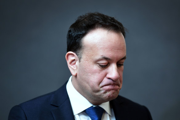 Ireland’s Prime Minister Leo Varadkar reacts as he speaks to the media inside Dublin castle following the referendum on Saturday.