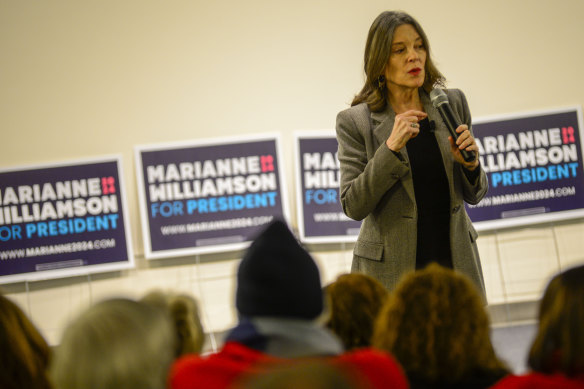 Democratic presidential hopeful Marianne Williamson speaks at a campaign stop in Keene, New Hampshire.