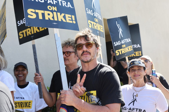 Pedro Pascal walks the picket line with striking SAG-AFTRA members.