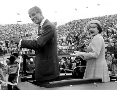 The Queen Elizabeth II and Prince Philip Duke of Edinburgh at the closing ceremony of the 1982 Commonwealth Games in Brisbane. 
SMH Picture by RUSSELL McPHEDRAN Fairfax archives Rich & 