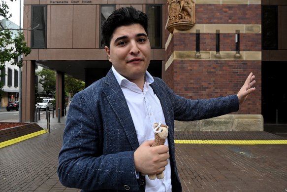 Anti-CCP activist Drew Pavlou outside Parramatta Local Court after police withdrew a charge of offensive behaviour.