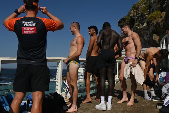 Giants players prepare for a dip at Bronte ocean pool on Monday.