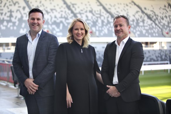 Network Ten’s Jarrod Villani and Beverley McGarvey with APL managing director and Sydney FC chief executive Danny Townsend at Bankwest Stadium on Wednesday.