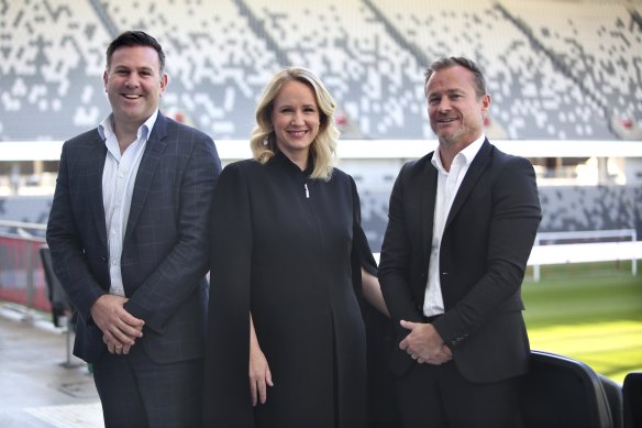 Network Ten’s co-chief executives Jarrod Villani and Beverley McGarvey with Danny Townsend, the former A-Leagues chief executive.