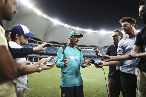 The Test: Justin Langer, coach of Australia, speaks to the media after day five of the First Test match in the series between Australia and Pakistan at Dubai International Stadium on October 11, 2018.