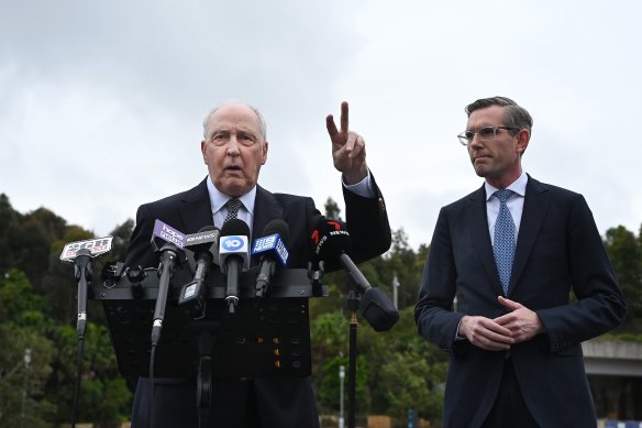 Former prime minister Paul Keating with Premier Dominic Perrottet this week, making an announcement about Central Barangaroo.