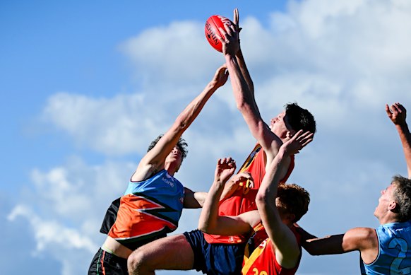 Mitch Harris flies for a mark for South Australia at the national under-18 championships.