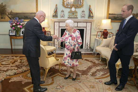 Governor-General David Hurley with the Queen and Prince William at Buckingham Palace in 2019.