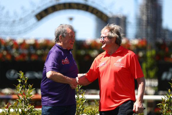 Denis Pagan, left, and Kevin Sheedy , right, at Flemington earlier this week. 